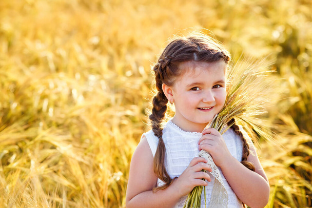 A happy girl in a white sundress stands on a field of ripe wheat in the rays of the setting sun. Wheat ear. Ears of rye. Selective focus. Setting sun. Walking through a field of rye. - Photo, image