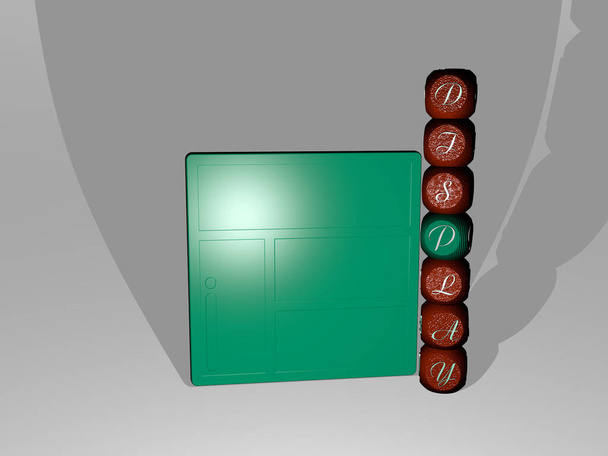 3D weergave van DISPLAY met icoon op de muur en tekst gerangschikt door metalen kubieke letters op een spiegelvloer voor concept betekenis en diavoorstelling presentatie. achtergrond en illustratie - Foto, afbeelding