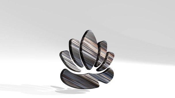 СПА лотос выполнен 3D иллюстрацией блестящей металлической скульптуры, отбрасывающей тень на светлый фон. красота и уход - Фото, изображение