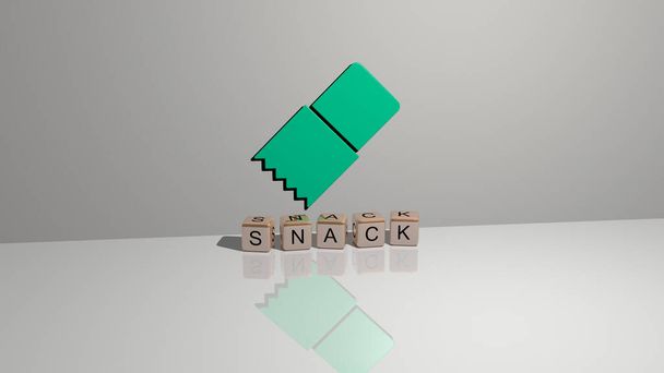 3D representation of snack with icon on the wall and text arranged by metallic cubic letters on a mirror floor for concept meaning and slideshow presentation. food and background - Photo, Image