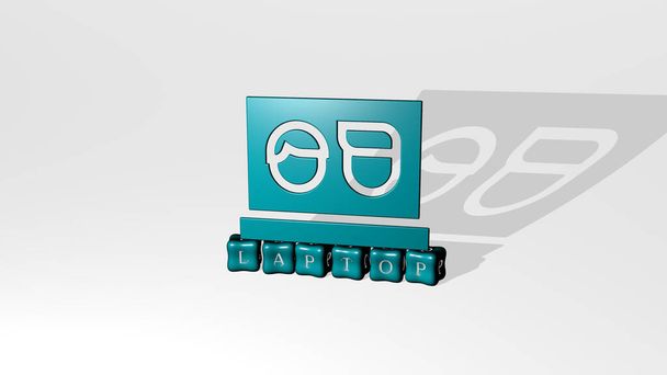 Immagine grafica 3D di LAPTOP verticalmente insieme a testo costruito da lettere cubiche metalliche dalla prospettiva superiore, eccellente per la presentazione del concetto e presentazioni. computer e business - Foto, immagini