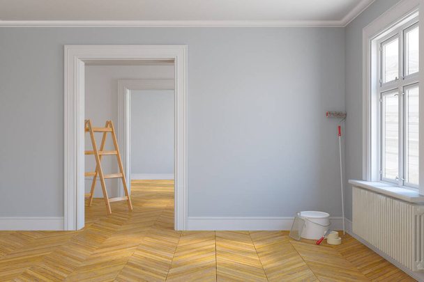 3d render of an empty scandinavian room with large windows and parquet floor - renovate - Photo, Image