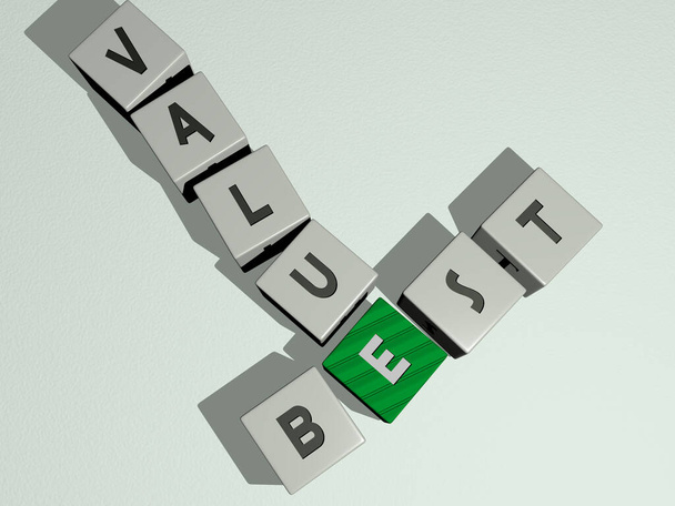 kruiswoordpuzzels van marketing sales: beste waarde gerangschikt door kubieke letters op een spiegelvloer, concept betekenis en presentatie. illustratie en achtergrond - Foto, afbeelding