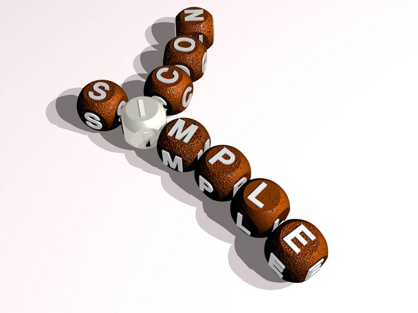 Kreuzworträtsel von ICON SIMPLE, angeordnet durch kubische Buchstaben auf einem Spiegelboden, Begriffsbedeutung und Präsentation. Illustration und Gestaltung - Foto, Bild