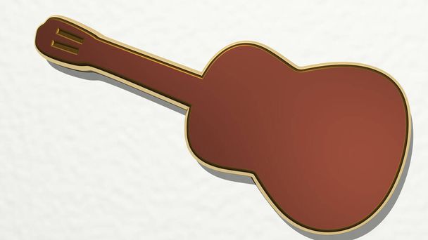 壁の観点からのギター。3Dレンダリングの金属材料で作られた厚い彫刻。イラストと背景 - 写真・画像