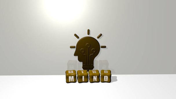 3D illustratie van MIND graphics en tekst gemaakt door metalen dobbelstenen letters voor de gerelateerde betekenissen van het concept en presentaties. hersenen en mensen - Foto, afbeelding