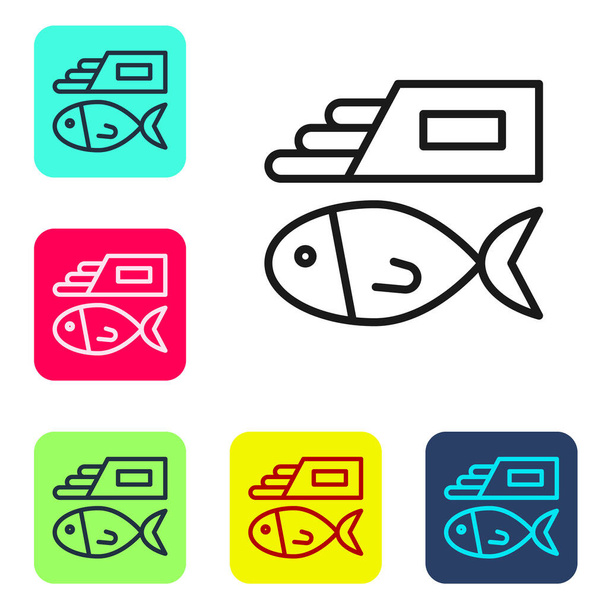 Linea nera Icona fish and chips isolata su sfondo bianco. Imposta le icone nei pulsanti quadrati a colori. Vettore. - Vettoriali, immagini