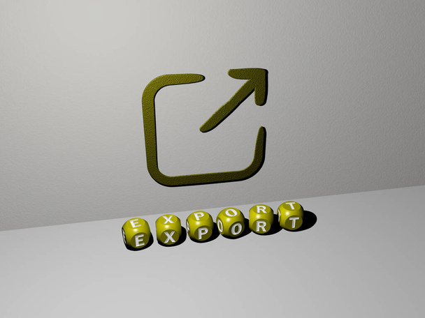 Representación 3D de la exportación con icono en la pared y texto arreglado por letras cúbicas metálicas en un piso de espejo para el significado del concepto y presentación de diapositivas. carga y negocios
 - Foto, imagen