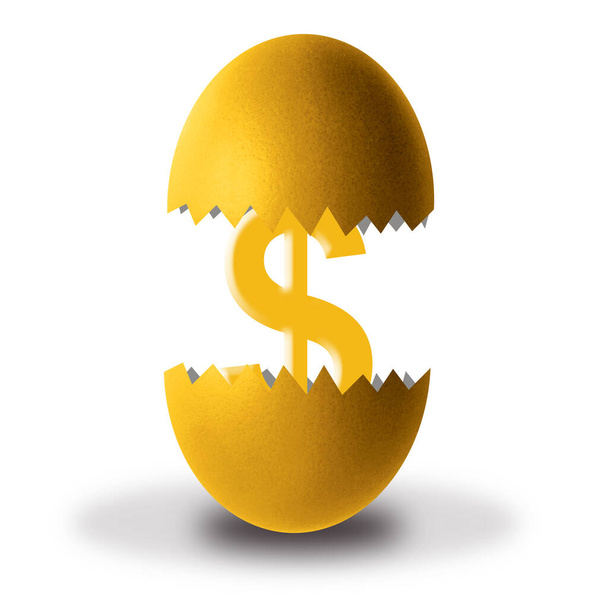 Simbolo del dollaro d'oro all'interno di un uovo rotto d'oro su sfondo bianco. concetto di successo economico finanziario - Foto, immagini