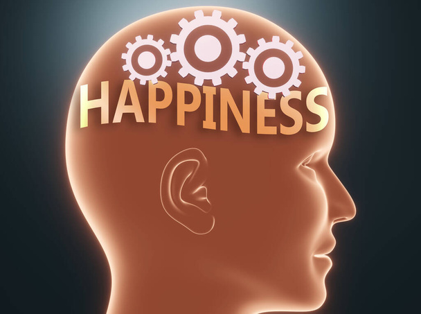 Счастье внутри человеческого разума - изображается как слово Счастье внутри головы с шестеренками, чтобы символизировать, что Счастье, что люди могут думать о и что это влияет на их поведение, 3D иллюстрации - Фото, изображение