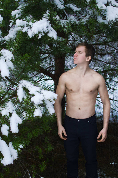 mladý muž bez košile v zimním lese sype sníh - Fotografie, Obrázek