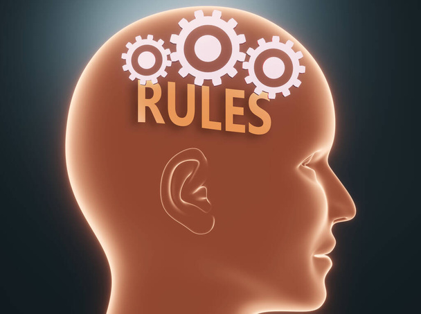 Reglas dentro de la mente humana - representado como la palabra Reglas dentro de una cabeza con ruedas dentadas para simbolizar que Reglas es lo que la gente puede pensar y que afecta a su comportamiento, ilustración 3d - Foto, Imagen