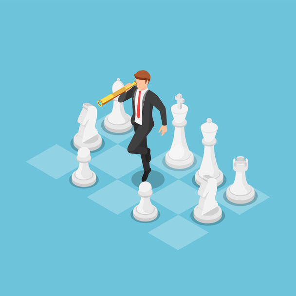 Flat 3d isometrinen liikemies käyttäen kaukoputkea ja seisoo shakkilaudalla. Liiketoimintastrategia ja visio. - Vektori, kuva