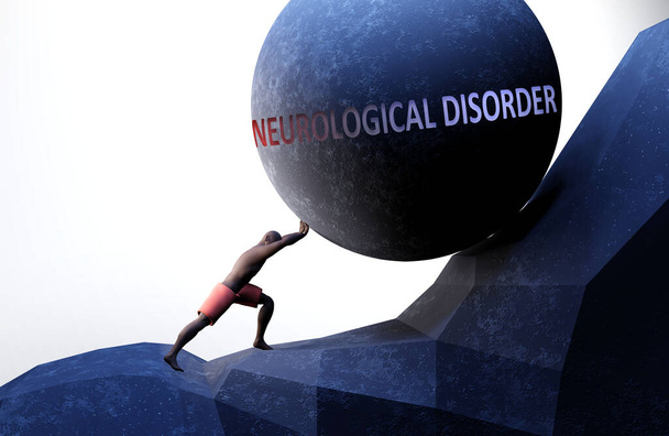Neurologische stoornis als een probleem dat het leven moeilijker maakt - gesymboliseerd door een persoon die gewicht drukt met woord Neurologische stoornis om aan te tonen dat het een last kan zijn, 3d illustratie - Foto, afbeelding
