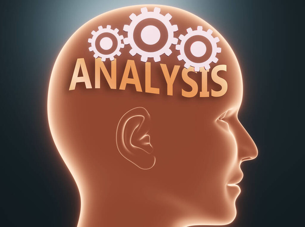 Analyse à l'intérieur de l'esprit humain - imaginé comme mot Analyse à l'intérieur d'une tête avec des roues dentées pour symboliser que l'analyse est ce que les gens peuvent penser et qu'elle affecte leur comportement, illustration 3D - Photo, image