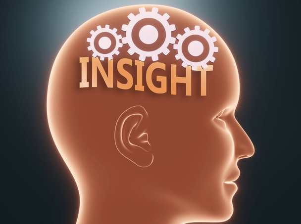 Insight dentro da mente humana - retratado como palavra Insight dentro de uma cabeça com rodas dentadas para simbolizar que Insight é o que as pessoas podem pensar sobre e que afeta seu comportamento, ilustração 3d
 - Foto, Imagem