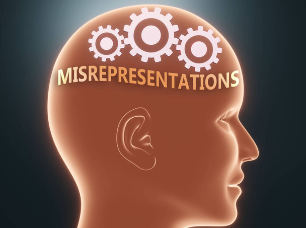 Misvoorstellingen in de menselijke geest - afgebeeld als woord Misvoorstellingen in een hoofd met tandwielen om te symboliseren dat Misvoorstellingen is wat mensen kunnen denken over, 3d illustratie - Foto, afbeelding