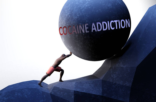 生活を困難にする問題としてのコカイン中毒-それが負担になることができることを示すために単語コカイン中毒で体重を押している人によって象徴され、 3Dイラスト - 写真・画像