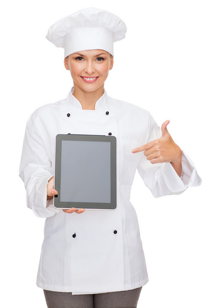 Smiling female chef with tablet pc blank screen - Фото, изображение