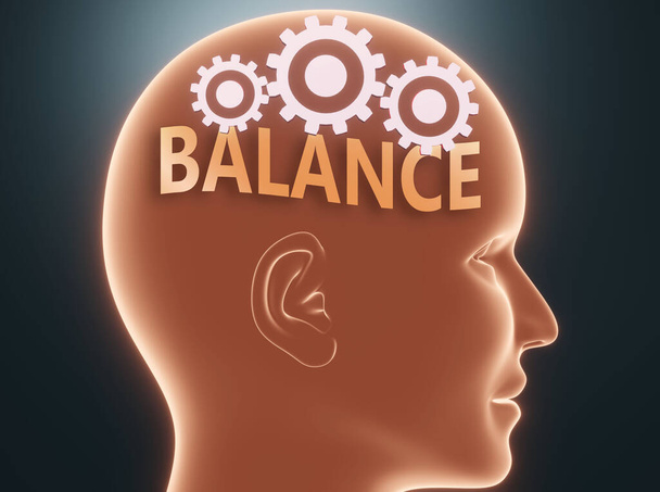 Balans in de menselijke geest - afgebeeld als woord Balans in een hoofd met tandwielen om te symboliseren dat Balans is wat mensen kunnen denken over en dat het hun gedrag beïnvloedt, 3D-illustratie - Foto, afbeelding