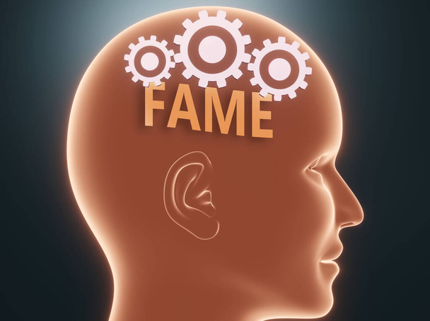 Fama dentro da mente humana - retratado como palavra Fama dentro de uma cabeça com rodas dentadas para simbolizar que a fama é o que as pessoas podem pensar sobre e que afeta seu comportamento, ilustração 3d
 - Foto, Imagem