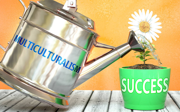 Multiculturalism helps achieve success - pictured as word Multiculturalism on a watering can to show that it makes success to grow and it is essential for profit in life, 3d illustration - Photo, Image