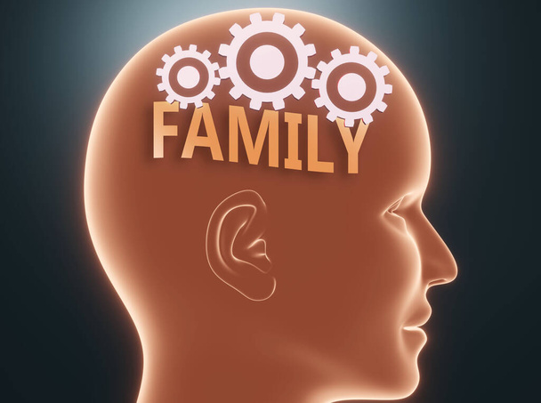 Οικογένεια μέσα στο ανθρώπινο μυαλό - απεικονίζεται ως λέξη Οικογένεια μέσα σε ένα κεφάλι με γρανάζια που συμβολίζουν ότι η οικογένεια είναι αυτό που οι άνθρωποι μπορούν να σκεφτούν και ότι επηρεάζει τη συμπεριφορά τους, 3D εικονογράφηση - Φωτογραφία, εικόνα