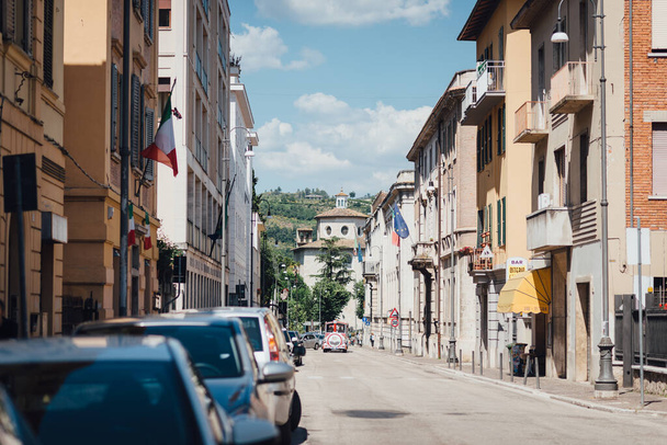 Ascoli Piceno, Marche, Italy - June 03, 2017: Tourist train on a city street. Ascoli Piceno is an ancient city and little-known tourist destination in the province of Marche - 写真・画像