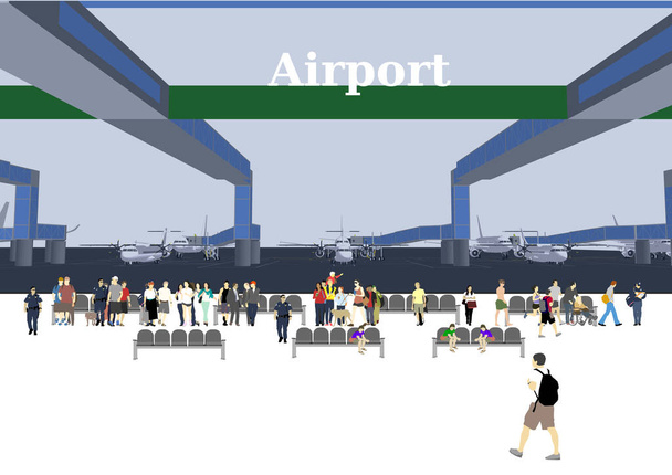 Зал ожидания вылета из аэропорта Современная концепция терминала Плоская векторная иллюстрация - Вектор,изображение