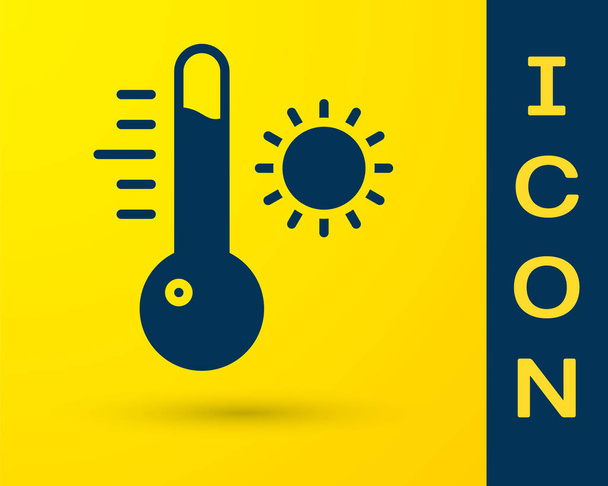 Blaues Thermometer-Messsymbol auf gelbem Hintergrund. Thermometer, die heißes oder kaltes Wetter anzeigen. Vektorillustration. - Vektor, Bild