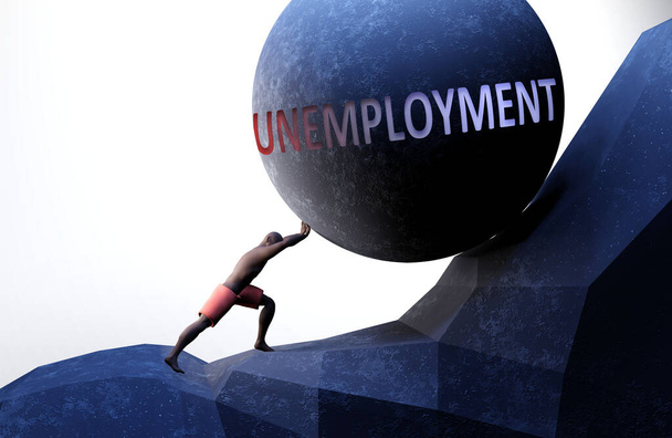 Arbeitslosigkeit als Problem, das das Leben erschwert - symbolisiert durch eine Person, die mit dem Wort Arbeitslosigkeit Gewicht legt, um zu zeigen, dass Arbeitslosigkeit eine Last sein kann, die schwer zu tragen ist, 3D-Illustration - Foto, Bild