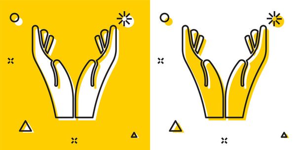 Mains noires en prière icône de position isolée sur fond jaune et blanc. Prière à Dieu avec foi et espérance. Formes dynamiques aléatoires. Illustration vectorielle. - Vecteur, image