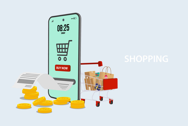 Mobile phone represent of front of shop store.Shopping Online on Website or Mobile Application Concept Marketing and Digital marketing. - Vector, Image