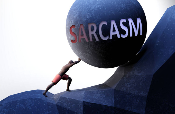 Sarkazm jako problem, który utrudnia życie - symbolizowany przez osobę pchającą wagę słowem Sarkazm, aby pokazać, że sarkazm może być ciężarem, który jest trudny do przenoszenia, ilustracja 3D - Zdjęcie, obraz