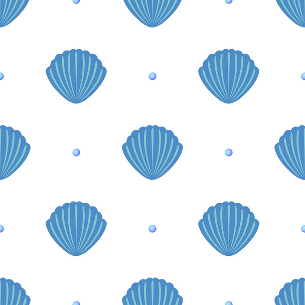 Flat blue seashells with pearls on white background. Seamless ocean bright summer pattern. Suitable for textile, packaging, card. - ベクター画像