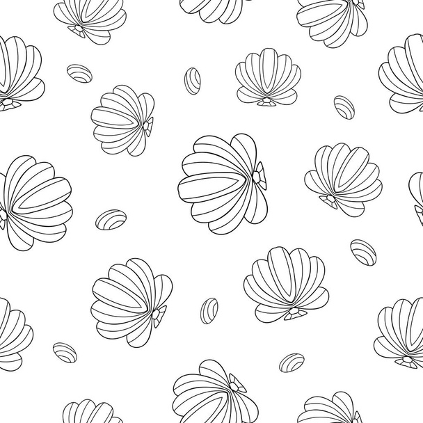 白い背景にシンプルな装飾が施された黒い貝殻をかわす。シームレスな夏の海のドアパターン。繊維、包装、着色本に適しています. - ベクター画像