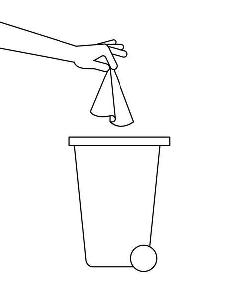 Hand is throwing away a paper tissue in a trash bin. Dispose used paper towels. Respiratory hygiene. COVID-19 prevention. Line icon. Black outline on white background. Vector illustration, clip art. - Vector, Image