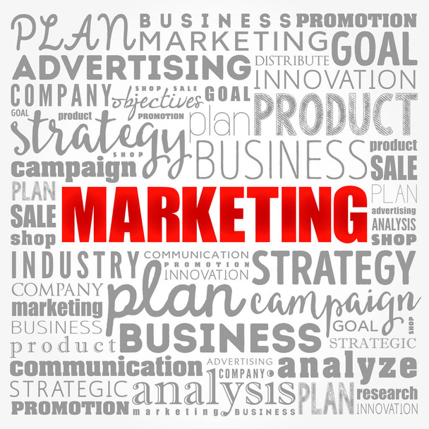 Marketing szó felhő kollázs, üzleti koncepció háttér - Fotó, kép