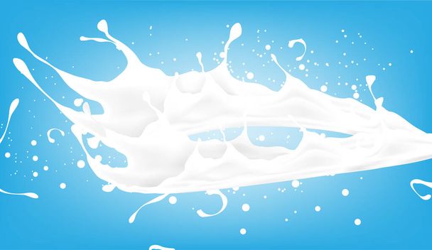 Spruzzare il latte con gocce di latte su sfondo blu - Vettoriali, immagini