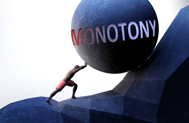 Monotonie als Problem, das das Leben erschwert - symbolisiert durch eine Person, die mit Wort Monotonie Gewicht drückt, um zu zeigen, dass Monotonie eine schwer zu tragende Last sein kann, 3D-Illustration - Foto, Bild