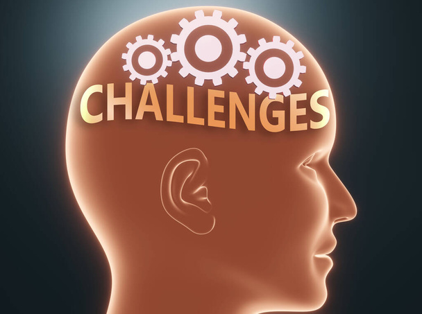 Uitdagingen in de menselijke geest - afgebeeld als woord Uitdagingen in een hoofd met tandwielen om te symboliseren dat Uitdagingen is wat mensen kunnen denken over en dat het hun gedrag beïnvloedt, 3D-illustratie - Foto, afbeelding