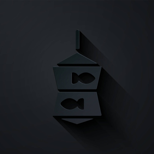 Papel cortado Red de pesca con icono de pescado aislado sobre fondo negro. Estilo de arte de papel. Vector. - Vector, imagen