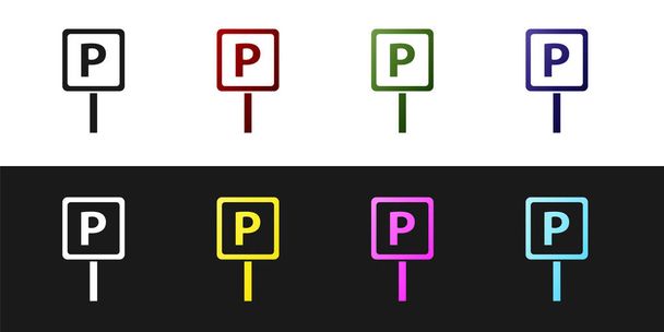 Set Parking icon isolated on black and white background. Street road sign.  Vector. - Vector, Image