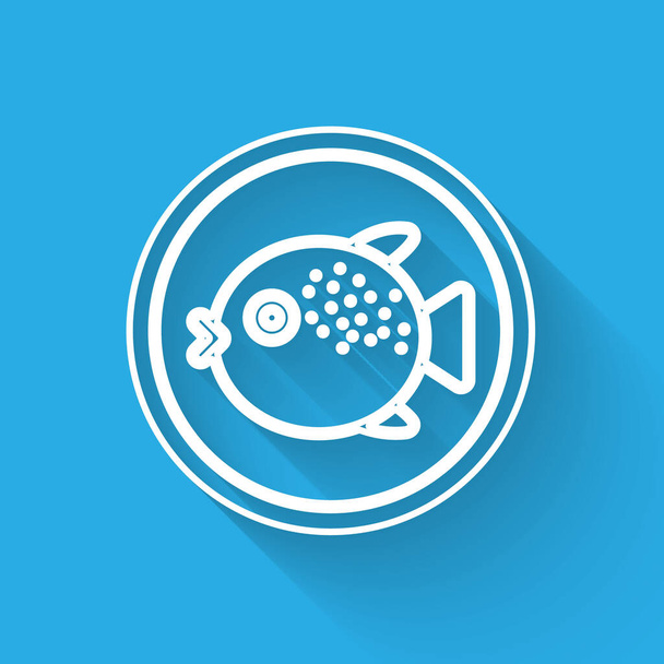White line Puffer fish on a plate icon isolated with long shadow. Fugu fish japanese puffer fish.  Vector.. - Vector, Image