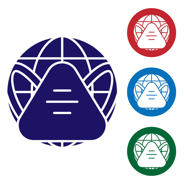 Blauwe aardbol met medisch masker icoon geïsoleerd op witte achtergrond. Stel pictogrammen in kleur vierkante knoppen. Vector.. - Vector, afbeelding