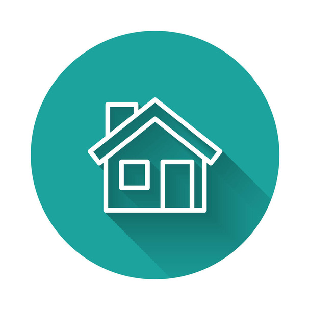 White line House icon isolated with long shadow. Home symbol. Green circle button. Vector. - Vektör, Görsel