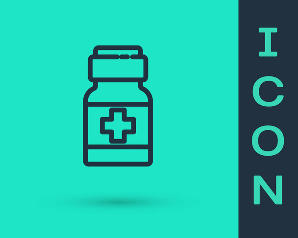 Černá čára Léky láhev a pilulky ikona izolované na zeleném pozadí. Léková forma pro tablety, vitamíny, antibiotika, aspirin. Vektor.. - Vektor, obrázek