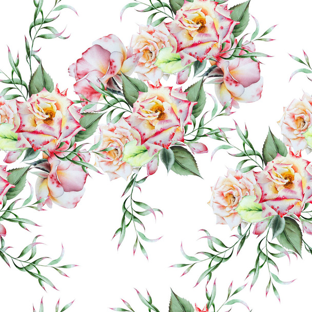 Bright seamless pattern with flowers. Rose. Watercolor illustration. Hand drawn. - Φωτογραφία, εικόνα