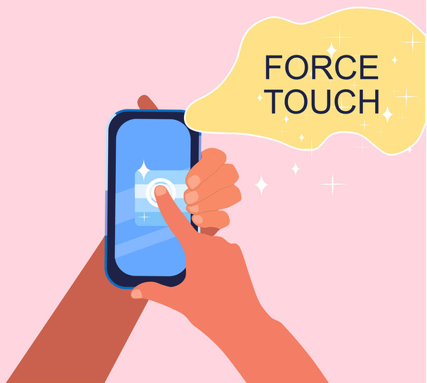Force Touch teknologia konsepti. Ihmisen kädet käyttävät paineantureita digitaalisessa älypuhelimen näytössä. Napauta ele tasainen vektori kuvaketta sovellukset ja websites.Waveforms ja tärinä. - Vektori, kuva