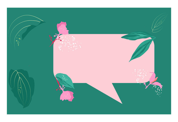 Medinilla fleurs tropicales roses voyantes avec de grandes feuilles modèle de message. Impression estivale juteuse. Fleurs sauvages qui fleurissent Illustration vectorielle à la main dessinée pour invitation de mariage, carte postale. - Vecteur, image